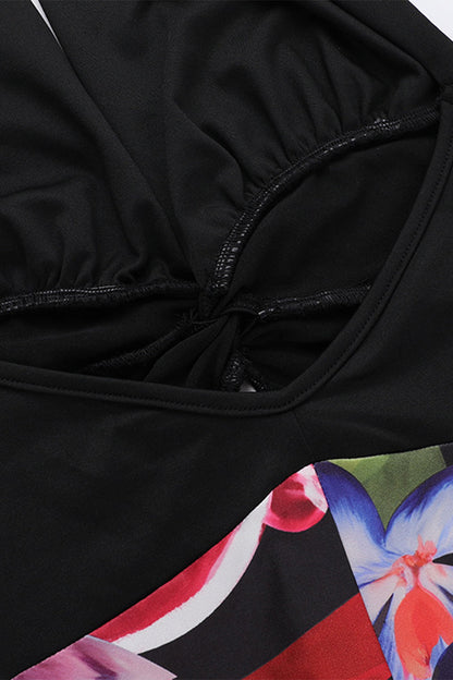 Trinidad® | Sexy rugloze halterjurk zonder positionering met bloemenprint en rok met één laag