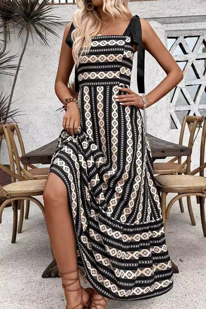 Yesenia® | Casual elegante geometrisch gestreepte bandage-contrasterende sling-jurken met vierkante kraag