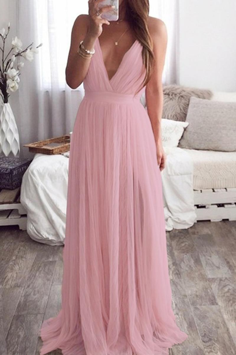 Tiffany® | Sexy effen kleur backless mesh V-hals avondjurken