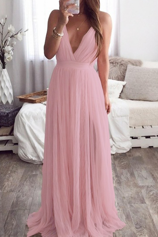 Tiffany® | Sexy effen kleur backless mesh V-hals avondjurken