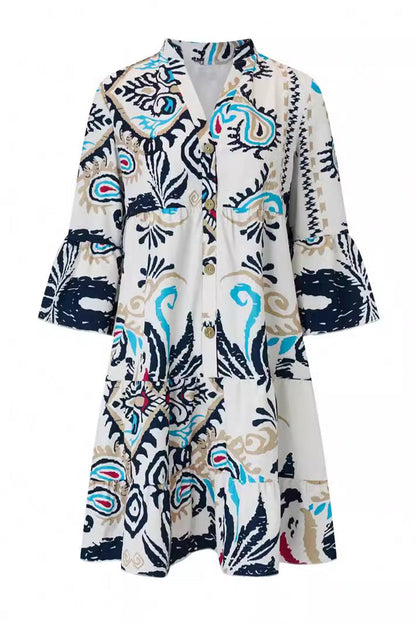 Yasmin® | Casual dagelijkse nationale totemprint patchwork ruches V-hals A-lijn jurken