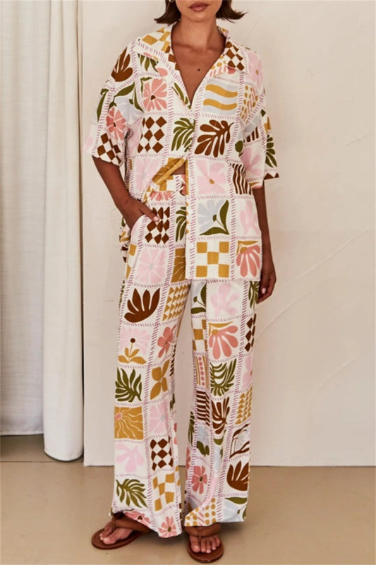 Valentina® | Casual tweedelig pak met bloemenprint, basic omslagkraag, korte mouwen