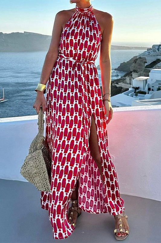 Yasmina® | Elegante mouwloze jurken met geometrische print en contrasterende halternek met split voor vakantie