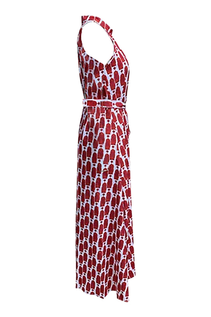 Yasmina® | Elegante mouwloze jurken met geometrische print en contrasterende halternek met split voor vakantie