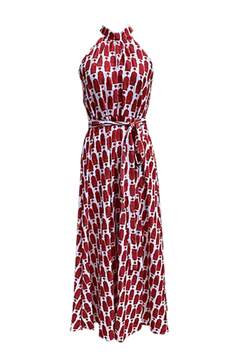 Yasmina® | Elegante mouwloze jurken met geometrische print en contrasterende halternek met split voor vakantie