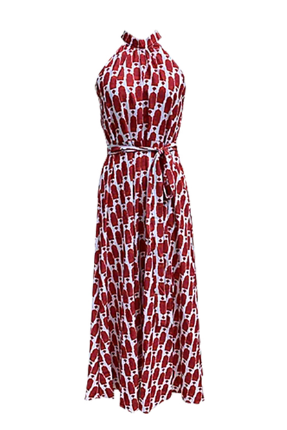 Yasmina® | Elegante mouwloze jurken met geometrische print en contrasterende halternek met split voor vakantie