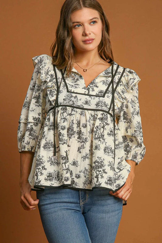 Zonnewende® | Babydoll toile blouse met pofmouwen