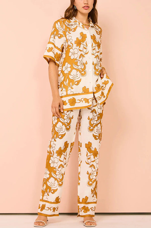 Yesenia® | Casual overhemdtop met korte mouwen, bloemenprint en losse broekzak met elastische tailleband