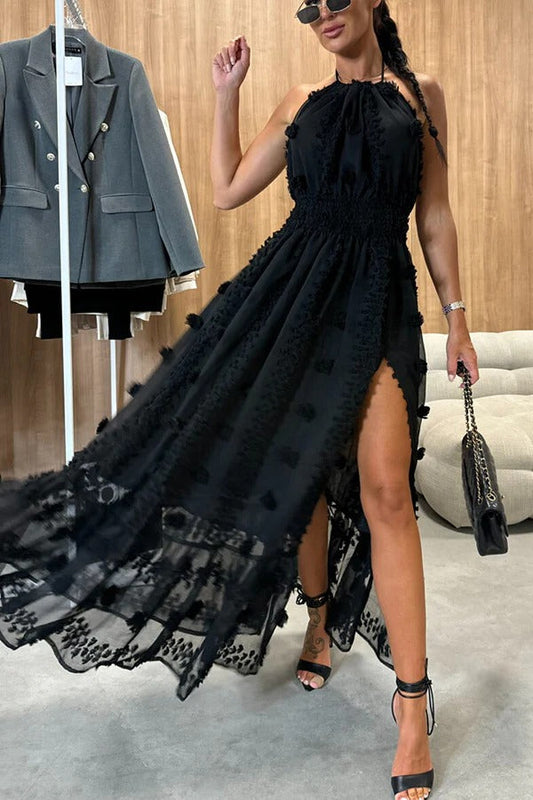 Yazmin® | Maxi-jurk met geborduurde bloemen, elastische taille, halternek, rugloze split en split