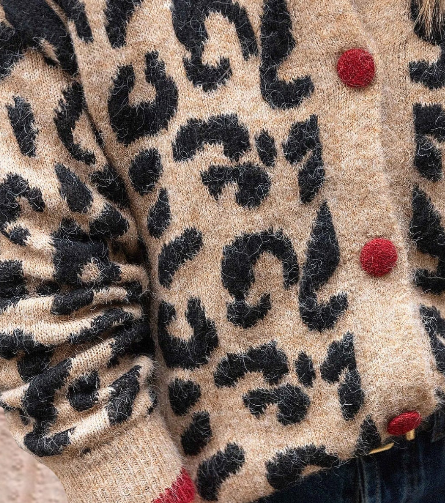 Teresa® | Uniek vest met luipaardprint en lange mouwen in bruine kleur