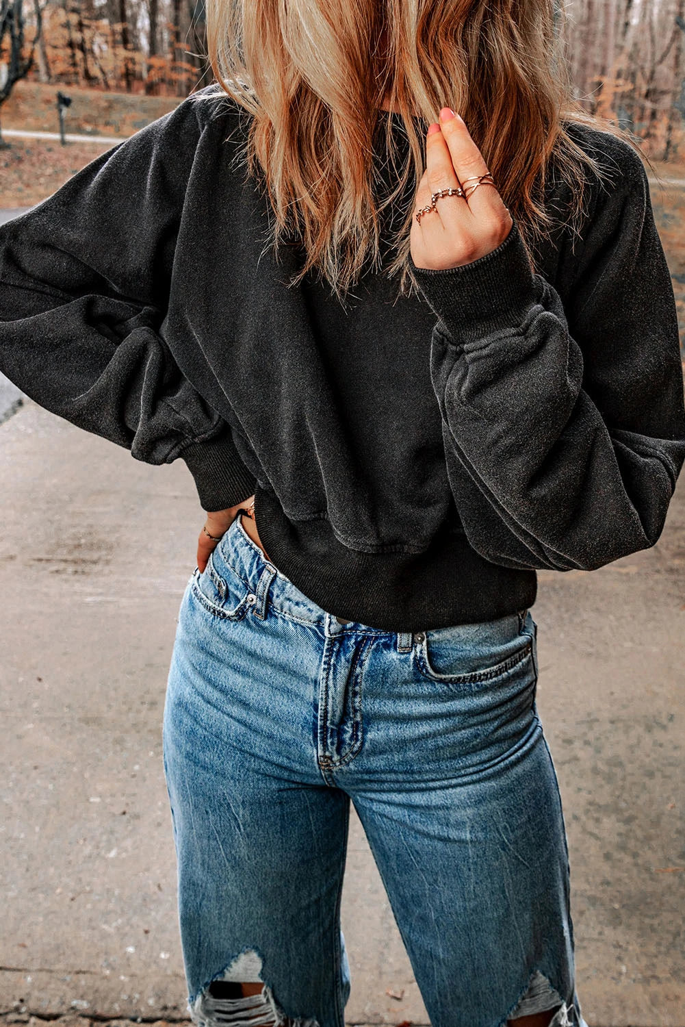 Zoe® | Zwart casual V-vormig sweatshirt met open rug en één bandje