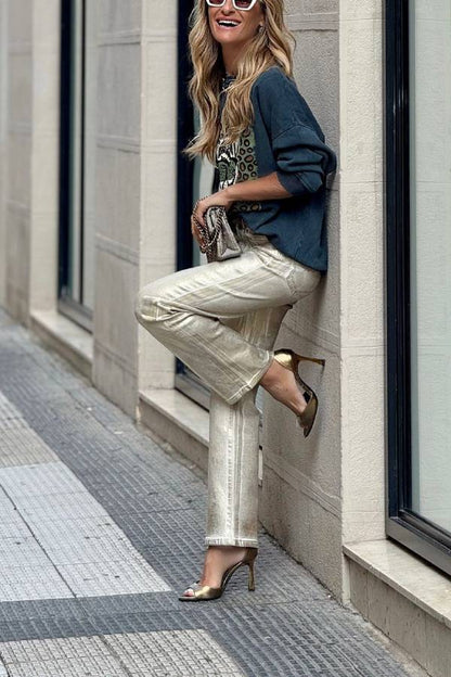 Zoe® | Rechte, zilveren retro broek met wijde pijpen en losse zakken