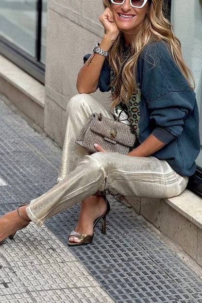 Zoe® | Rechte, zilveren retro broek met wijde pijpen en losse zakken