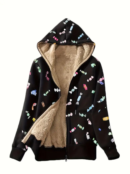 Yasmina® | Sweatshirt met rits, voering van imitatiebont en vlindervleugelprint