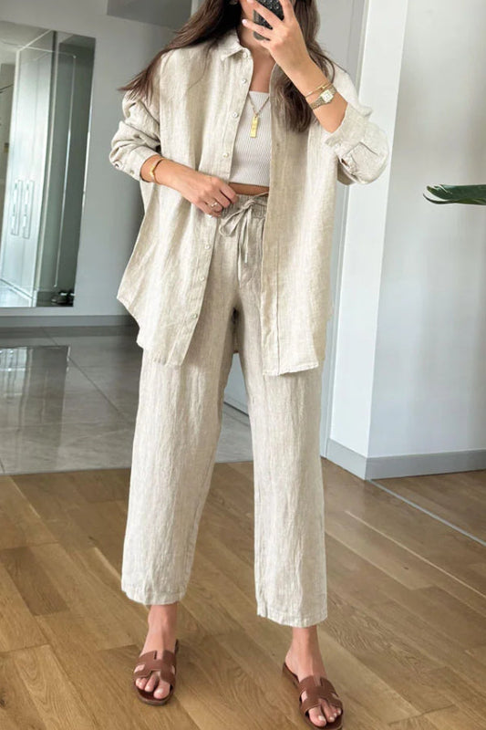 Teresa® | Casual tweedelige set bestaande uit een katoenen linnen overhemd en een cropped broek
