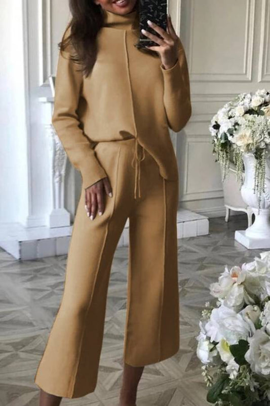 Thee® | Casual tweedelige pakken met gebreide broek met wijde pijpen en hoge hals