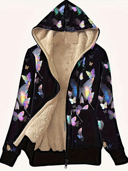 Yasmina® | Sweatshirt met rits, voering van imitatiebont en vlindervleugelprint