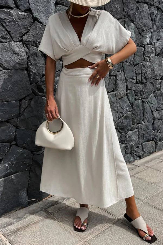 Yasmina® | Casual tweedelige set met top en rok in effen kleur