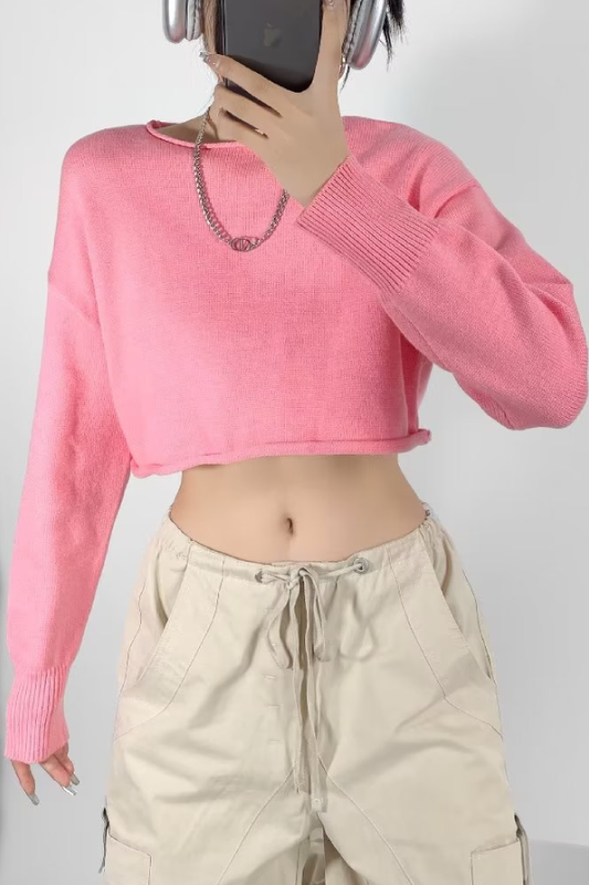 Tilly® | Effen kleur losse casual superkorte gebreide trui met lange mouwen en ronde hals
