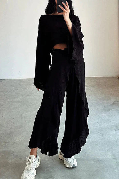 Yessica® | Een crop top van een linnenmix en een broek met ruches en een elastische tailleband