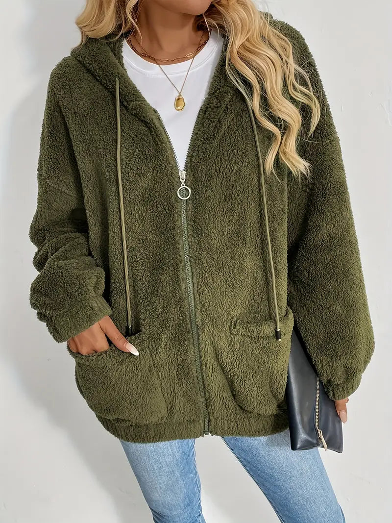 Yasmin® | Elegant olijfgroen fleecejack met capuchon voor dames
