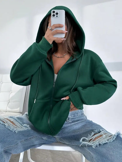 Abigail® | Effen kleur jack met capuchon en lange mouwen en ritssluiting voor dames