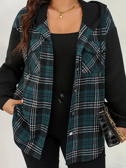 Tiffany® | Plus damesjack met geruite print en raglanmouwen met knopen en trekkoord en capuchon