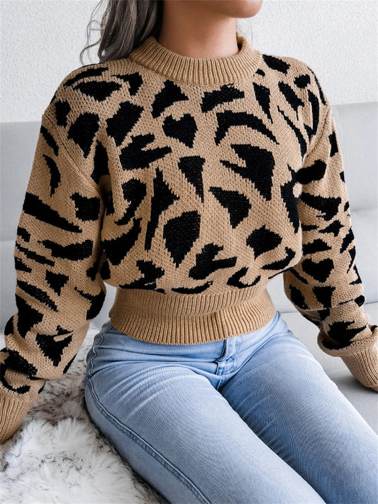 Ursina® | Cropped trui met luipaardprint en ronde hals