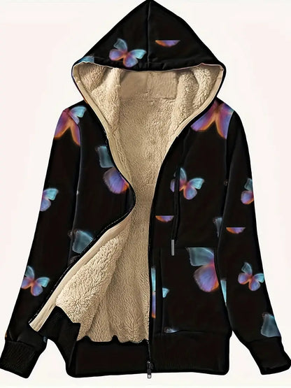 Yasmina® | Sweatshirt met rits, voering van imitatiebont en vlindervleugelprint