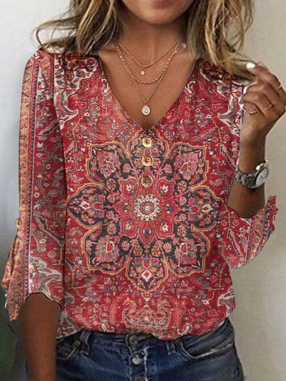 Ursula® | Rode top met 3/4 mouwen en V-hals