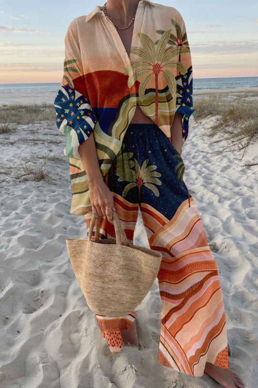 Treasa® | Relaxte tweedelige set met zonsondergangpalmprint