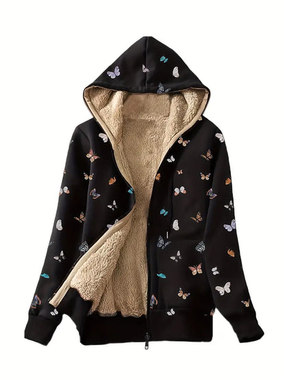 Yasmina® | Sweatshirt met rits, voering van imitatiebont en vlindervleugelprint