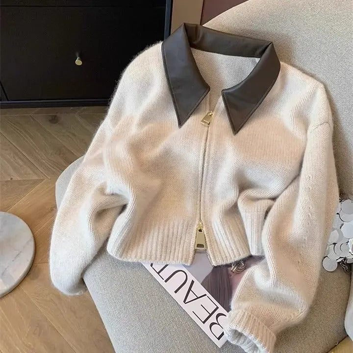 Thalia® | Gebreide trui met leren kraag