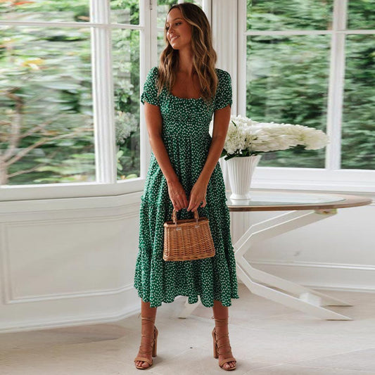 Yasmina® | Boheemse groene midi-jurk met pofmouwen